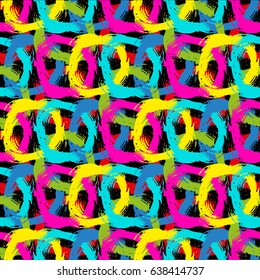 Abstract graphic hand drawn seamless pattern of splashes in bright colors. Isolated brush strokes, circle shapes of paint stains in vector