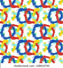Abstract graphic hand drawn seamless pattern of splashes in bright colors. Isolated brush strokes, circle shapes of paint stains in vector