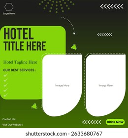 Abstract graphic hotel holiday vacation vector banner. Best staying services hotel social media post. Creative graphic banner hotels.