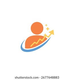 An abstract graphic icon featuring an orange human figure, a rising yellow arrow with stars, and a supportive blue arc, representing progress and success.
