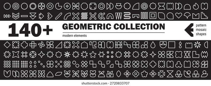 Abstract graphic icon set with y2k shapes and basic line geometry. Website UI elements designed with modern basic y2k shapes and icons.