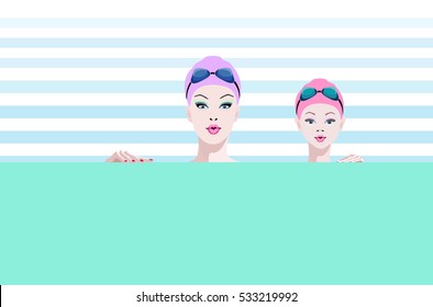 Abstract graphic illustration of family (mother daughter) in training in swimming pool, pattern women, girls and sports, lifestyle, color vector print, blue and white background