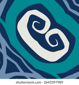 Uma ilustração gráfica abstrata com uma espiral dupla central, off-white, reminiscente de um design Maori koru.