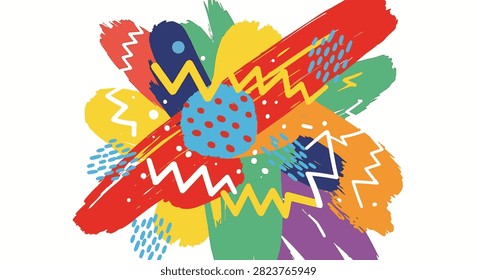 Abstract graphic illustration with multi-colored hand-painted brush strokes, bold red and yellow zigzag lines, blue dotted circles, and textured splashes on white background.