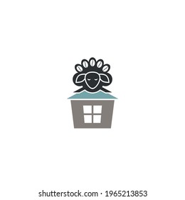 Abstract graphic illustration of a sheep with wool in the form of coffee beans sitting on the roof of a house