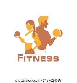 Abstract graphic illustration with silhouettes of man with barbell and woman with dumbbell as a design for logo, banner or poster for bodybuilding or fitness club. Isolated on white background.