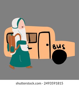 Ilustración gráfica Abstractas de un estudiante que va a la escuela. Una niña musulmana con hijab abordando un autobús escolar