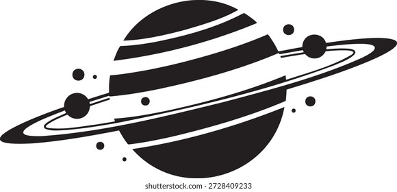 Abstract graphic illustration of a stylized ringed planet with orbiting moons and celestial bodies featuring bold black and white stripes