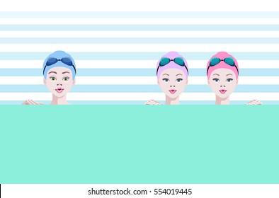 Abstract graphic illustration team of children (girls and boys)  training in swimming pool, pattern kids and sports, lifestyle, color vector print, blue and white background.