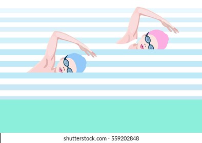 Equipo de ilustraciones gráficas abstractas de niños (niñas y niños) en la formación en piscina, niños y deportes de patrones, estilo de vida, impresión vectorial de color, fondo azul y blanco, patrón sin fisuras