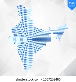 Mapa gráfico abstracto de la India desde el punto azul sobre un fondo blanco. Ilustración vectorial.