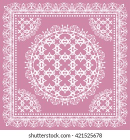 Abstract graphic lace background, square geometric lace pattern with ornate frame, tribal ethnic ornament. Bandanna shawl fabric print, silk neck scarf or kerchief design, vector mandala illustration 