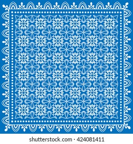 Abstract graphic lace background, square geometric lace pattern with ornate frame, tribal ethnic ornament. Bandanna shawl fabric print, silk neck scarf or kerchief design, vector illustration. 