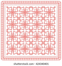 Abstract graphic lace background, square geometric lace pattern with ornate frame, tribal ethnic ornament. Bandanna shawl fabric print, silk neck scarf or kerchief design, vector illustration. 