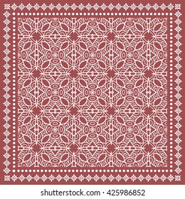 Abstract graphic lace background, square geometric lace pattern with ornate frame, tribal ethnic ornament. Bandanna shawl fabric print, silk neck scarf or kerchief design, vector illustration.