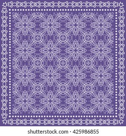 Abstract graphic lace background, square geometric lace pattern with ornate frame, tribal ethnic ornament. Bandanna shawl fabric print, silk neck scarf or kerchief design, vector illustration.