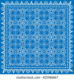 Abstract graphic lace background, square geometric lace pattern with ornate frame, tribal ethnic ornament. Bandanna shawl fabric print, silk neck scarf or kerchief design, vector illustration.