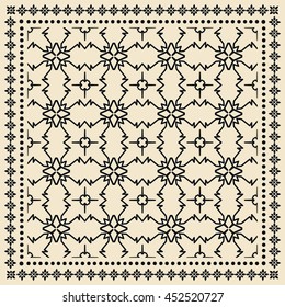 Abstract graphic lace background, square geometric lace pattern with ornate frame, tribal ethnic ornament. Bandanna shawl fabric print, silk neck scarf or kerchief design, vector illustration.