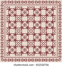Abstract graphic lace background, square geometric lace pattern with ornate frame, tribal ethnic ornament. Bandanna shawl fabric print, silk neck scarf or kerchief design, vector illustration.