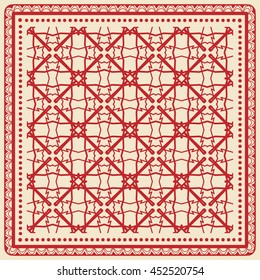 Abstract graphic lace background, square geometric lace pattern with ornate frame, tribal ethnic ornament. Bandanna shawl fabric print, silk neck scarf or kerchief design, vector illustration.