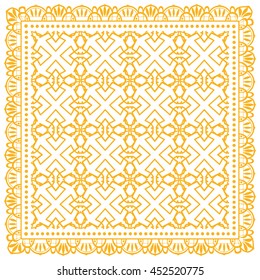 Abstract graphic lace background, square geometric lace pattern with ornate frame, tribal ethnic ornament. Bandanna shawl fabric print, silk neck scarf or kerchief design, vector illustration.