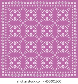 Abstract graphic lace background, square geometric lace pattern with ornate frame, tribal ethnic ornament. Bandanna shawl fabric print, silk neck scarf or kerchief design, vector illustration.