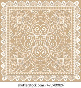 Abstract graphic lace background, square geometric lace pattern with ornate frame, tribal ethnic ornament. Bandanna shawl fabric print, silk neck scarf or kerchief design, vector illustration.