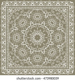 Abstract graphic lace background, square geometric lace pattern with ornate frame, tribal ethnic ornament. Bandanna shawl fabric print, silk neck scarf or kerchief design, vector illustration.