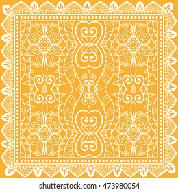 Abstract graphic lace background, square geometric lace pattern with ornate frame, tribal ethnic ornament. Bandanna shawl fabric print, silk neck scarf or kerchief design, vector illustration.
