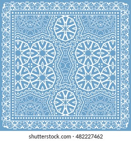 Abstract graphic lace background, square geometric lace pattern with ornate frame, tribal ethnic ornament. Bandanna shawl fabric print, silk neck scarf or kerchief design, vector illustration.