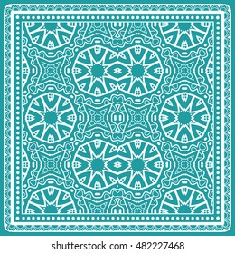 Abstract graphic lace background, square geometric lace pattern with ornate frame, tribal ethnic ornament. Bandanna shawl fabric print, silk neck scarf or kerchief design, vector illustration.