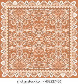 Abstract graphic lace background, square geometric lace pattern with ornate frame, tribal ethnic ornament. Bandanna shawl fabric print, silk neck scarf or kerchief design, vector illustration.