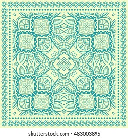 Abstract graphic lace background, square geometric line pattern with ornate frame, tribal ethnic ornament. Bandanna shawl fabric print, silk neck scarf or kerchief design, vector illustration.