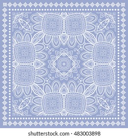 Abstract graphic lace background, square geometric line pattern with ornate frame, tribal ethnic ornament. Bandanna shawl fabric print, silk neck scarf or kerchief design, vector illustration.