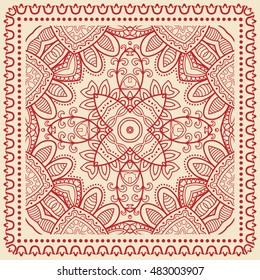 Abstract graphic lace background, square geometric line pattern with ornate frame, tribal ethnic ornament. Bandanna shawl fabric print, silk neck scarf or kerchief design, vector illustration.