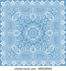 Abstract graphic lace background, square geometric lace pattern with ornate frame, tribal ethnic ornament. Bandanna shawl fabric print, silk neck scarf or kerchief design, vector illustration.
