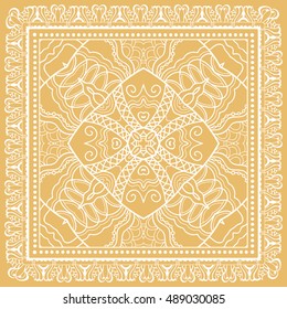 Abstract graphic lace background, square geometric lace pattern with ornate frame, tribal ethnic ornament. Bandanna shawl fabric print, silk neck scarf or kerchief design, vector illustration.