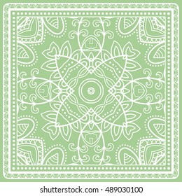 Abstract graphic lace background, square geometric lace pattern with ornate frame, tribal ethnic ornament. Bandanna shawl fabric print, silk neck scarf or kerchief design, vector illustration.