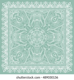 Abstract graphic lace background, square geometric lace pattern with ornate frame, tribal ethnic ornament. Bandanna shawl fabric print, silk neck scarf or kerchief design, vector illustration.