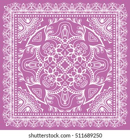 Abstract graphic lace background, square geometric lace pattern with ornate frame, tribal ethnic ornament. Bandanna shawl fabric print, silk neck scarf or kerchief design, vector illustration.