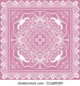 Abstract graphic lace background, square geometric lace pattern with ornate frame, tribal ethnic ornament. Bandanna shawl fabric print, silk neck scarf or kerchief design, vector illustration.