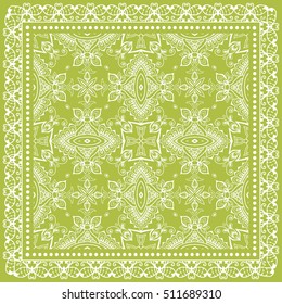Abstract graphic lace background, square geometric lace pattern with ornate frame, tribal ethnic ornament. Bandanna shawl fabric print, silk neck scarf or kerchief design, vector illustration.