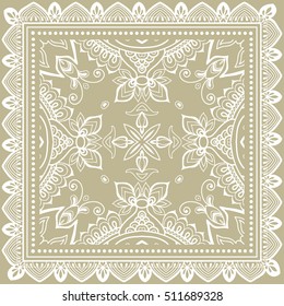 Abstract graphic lace background, square geometric lace pattern with ornate frame, tribal ethnic ornament. Bandanna shawl fabric print, silk neck scarf or kerchief design, vector illustration.