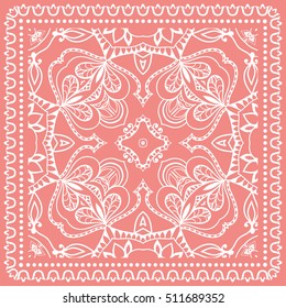 Abstract graphic lace background, square geometric lace pattern with ornate frame, tribal ethnic ornament. Bandanna shawl fabric print, silk neck scarf or kerchief design, vector illustration.