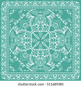 Abstract graphic lace background, square geometric lace pattern with ornate frame, tribal ethnic ornament. Bandanna shawl fabric print, silk neck scarf or kerchief design, vector illustration.