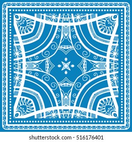 Abstract graphic lace background, square geometric lace pattern with ornate frame, tribal ethnic ornament. Bandanna shawl fabric print, silk neck scarf or kerchief design, vector illustration.