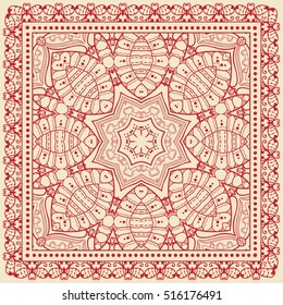Abstract graphic lace background, square geometric lace pattern with ornate frame, tribal ethnic ornament. Bandanna shawl fabric print, silk neck scarf or kerchief design, vector illustration.