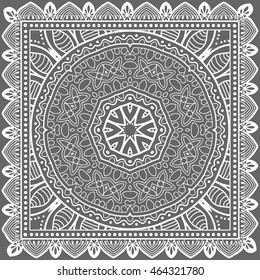 Abstract graphic lace mandala background, square geometric lace pattern with ornate frame, tribal ethnic ornament. Bandanna shawl fabric print, silk neck scarf or kerchief design, vector illustration.