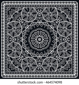 Fondo de Mandala de encaje gráfico abstracto, patrón de encaje geométrico cuadrado con marco ornamentado, adorno étnico tribal. Impresión de tela de chal de Bandanna, pañuelo de cuello de seda o diseño de pañuelo, ilustración vectorial.