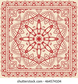 Abstract graphic lace mandala background, square geometric lace pattern with ornate frame, tribal ethnic ornament. Bandanna shawl fabric print, silk neck scarf or kerchief design, vector illustration.